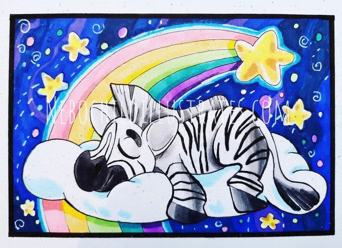 Sleepy Zebra Art Print — Whimsical Night Sky Art