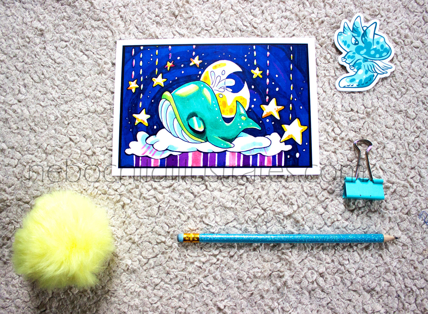 Cozy whale sleeping on clouds illustration with dreamy night sky, cute animal wall art for nursery wall art and kids room décor