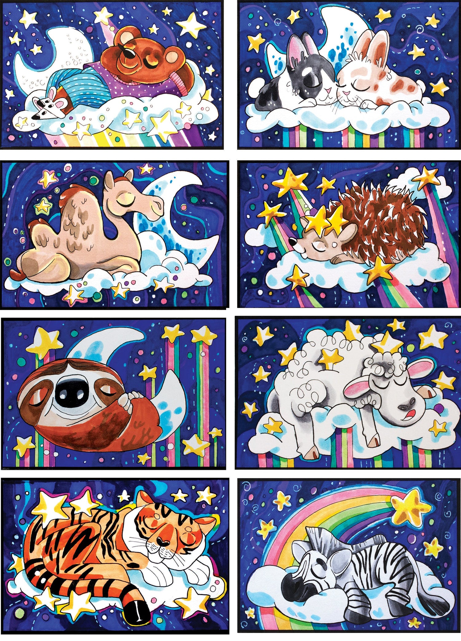 Whimsical Sleepy Animals Art Print – Alcohol Marker Illustration