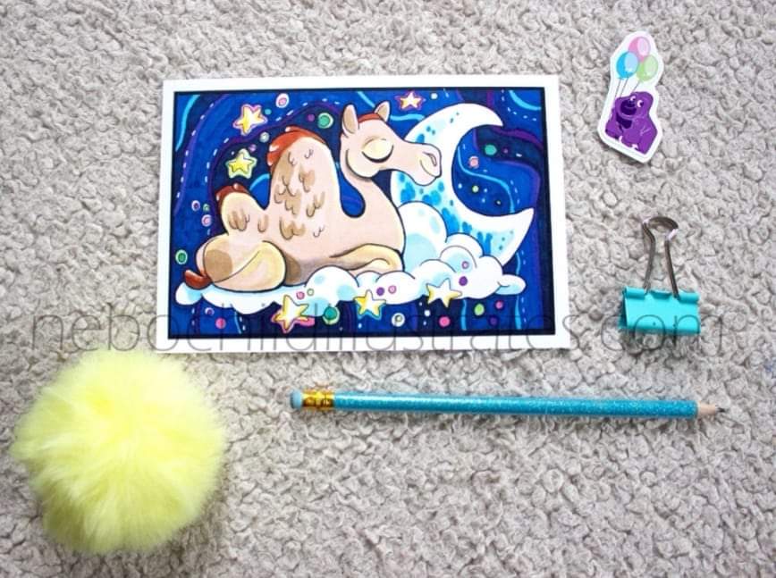 Whimsical sleeping camel illustration with moon and stars, colorful nursery art print