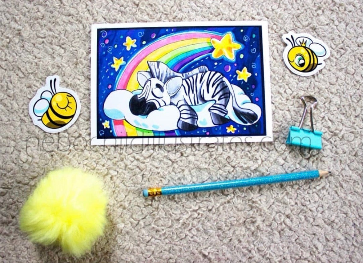 Sleeping zebra art print with clouds and rainbow sky, playful children’s room wall art