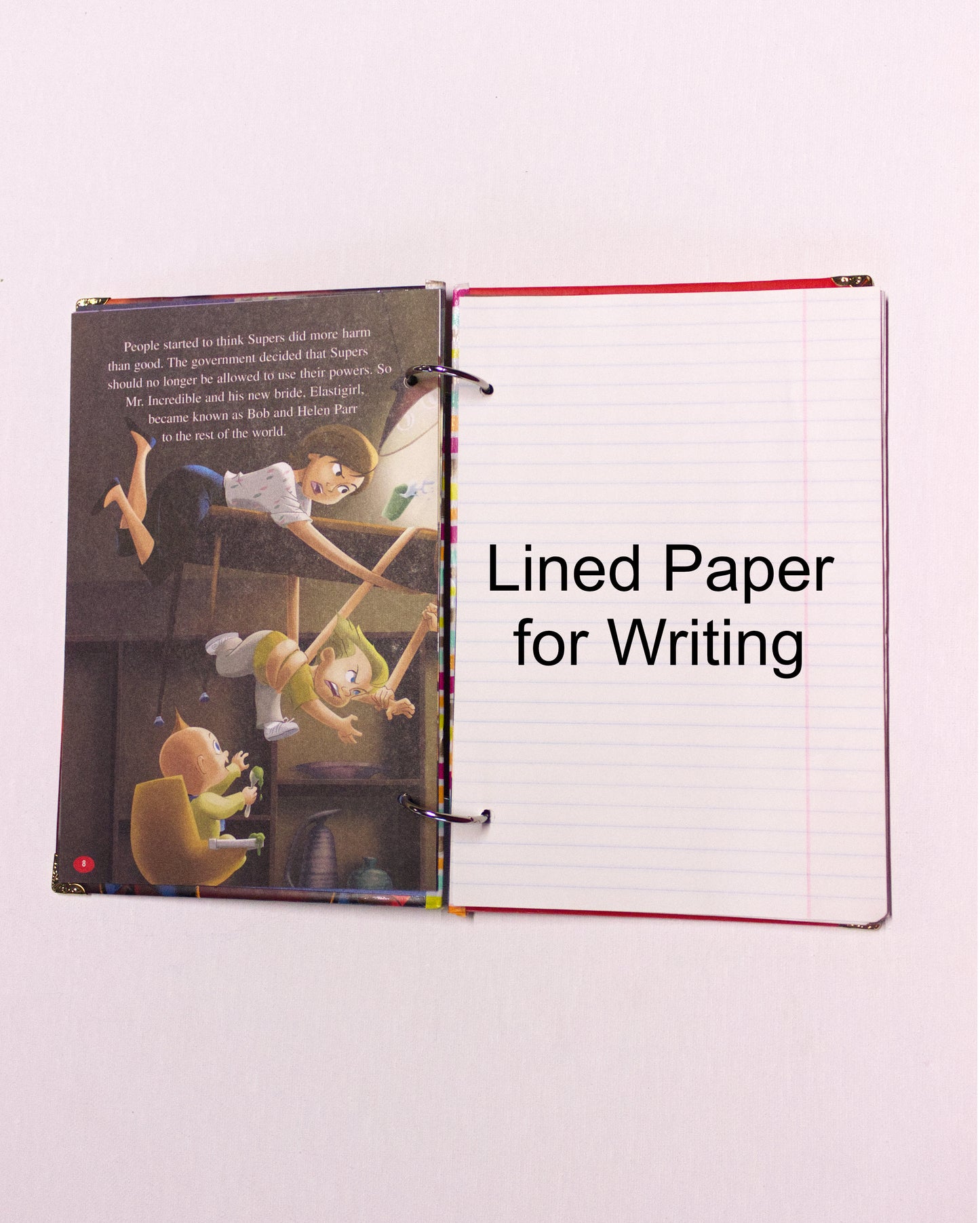 Interior pages of an upcycled The Incredibles book journal showing lined pages for journaling and sketching.