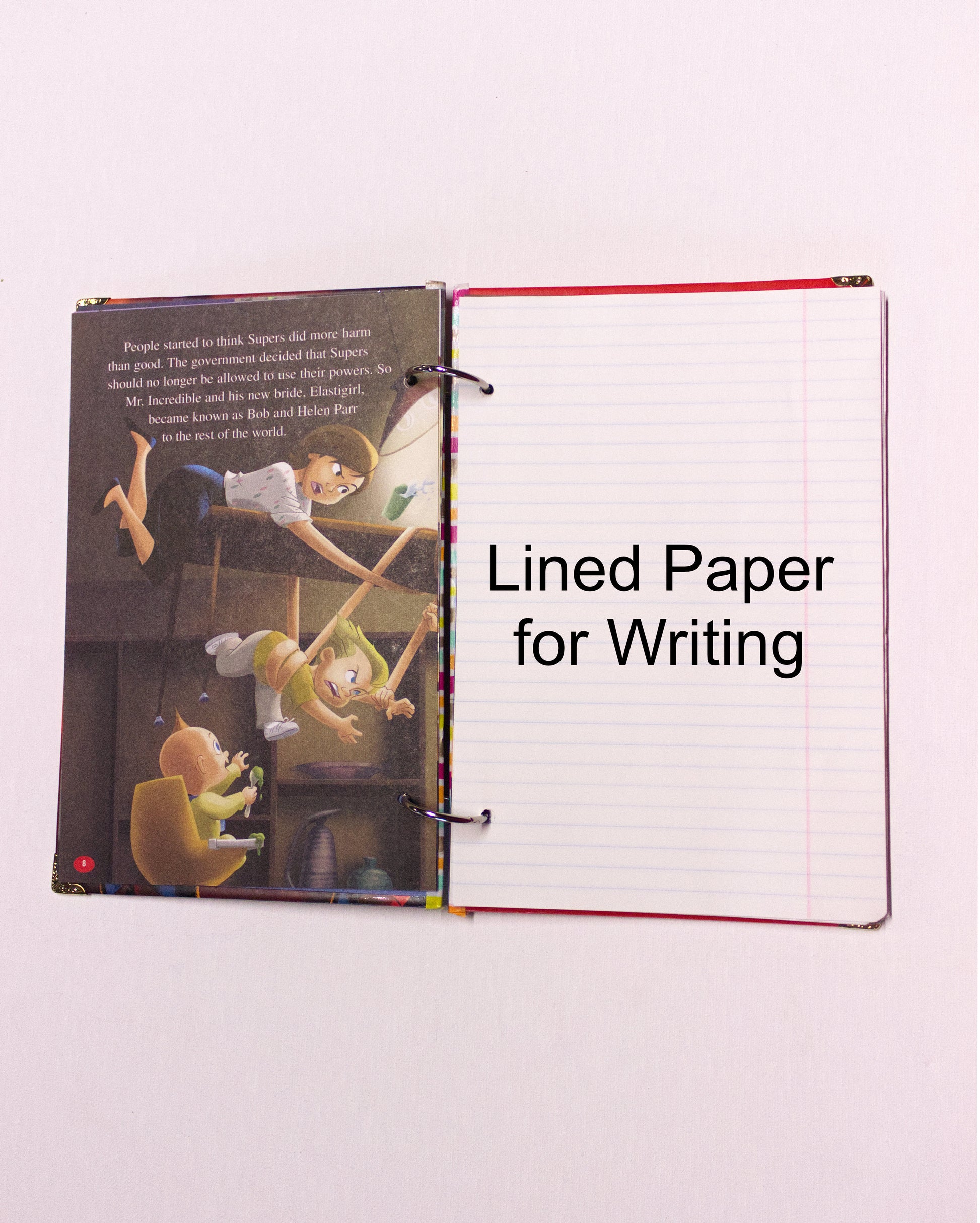 Interior pages of an upcycled The Incredibles book journal showing lined pages for journaling and sketching.